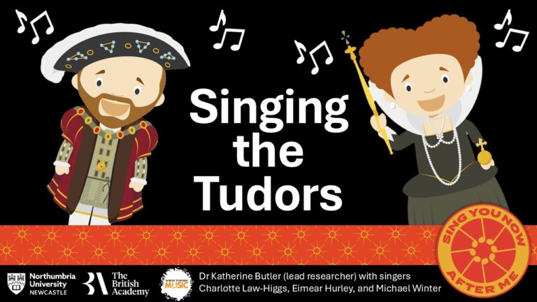 Cartoon-style images of Henry VIII and Elizabeth I flanked by musical notes and the title 'Singing the Tudors'